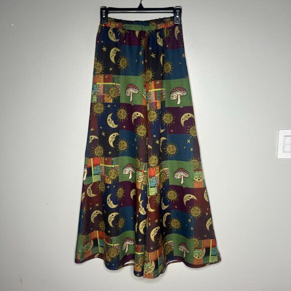 Women's Celestial Wide Leg Pull On Pants XS Mushrooms Moons Boho Gypsy Festival - Picture 1 of 11